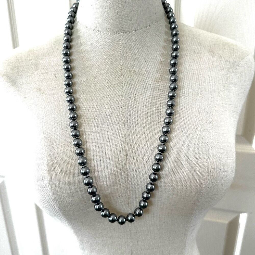 Grey faux pearl long knotted necklace